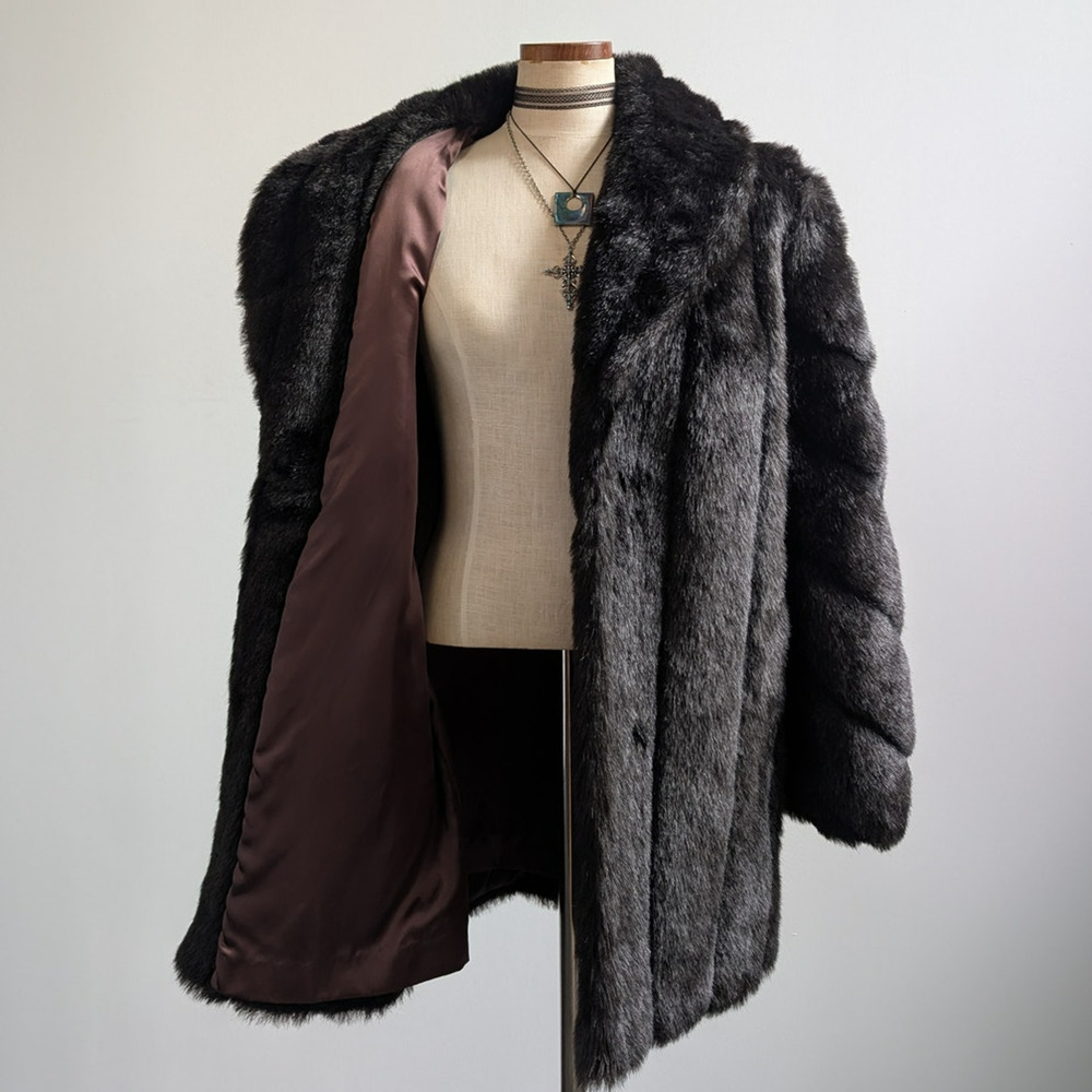 Vintage Black Faux Fur Coat Fur Trim Jacket Mob Wife Minimalist Goth Chic Medium - Picture 5 of 12